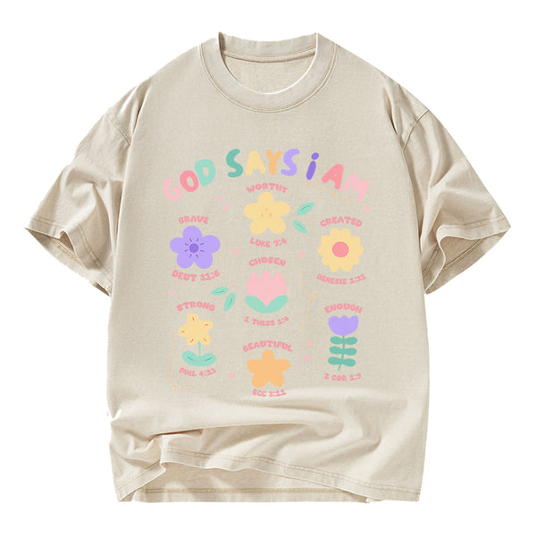 God Says I Am Flowers Christian Washed T-Shirt