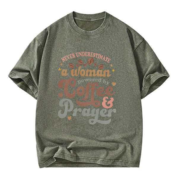 Powered By Coffee And Prayer Christian Washed T-Shirt