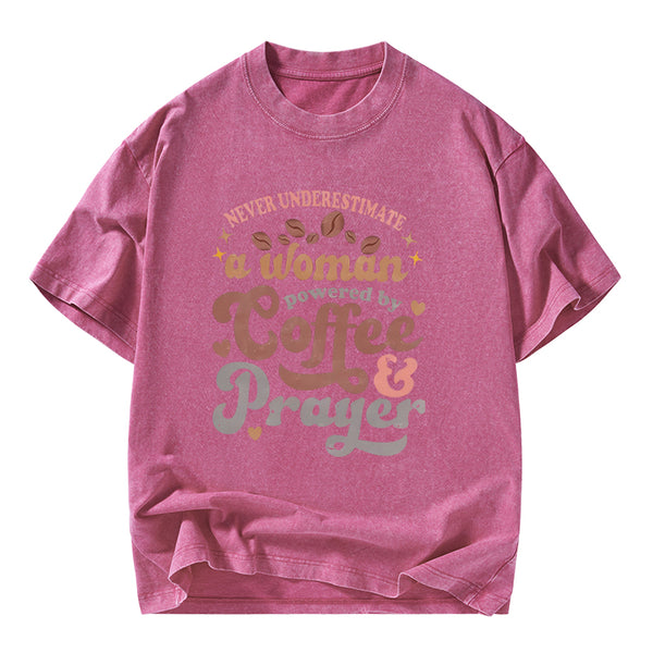 Powered By Coffee And Prayer Christian Washed T-Shirt