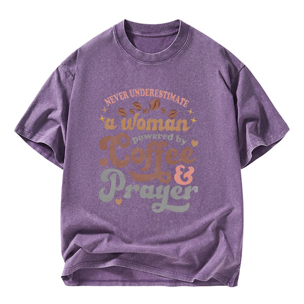 Powered By Coffee And Prayer Christian Washed T-Shirt
