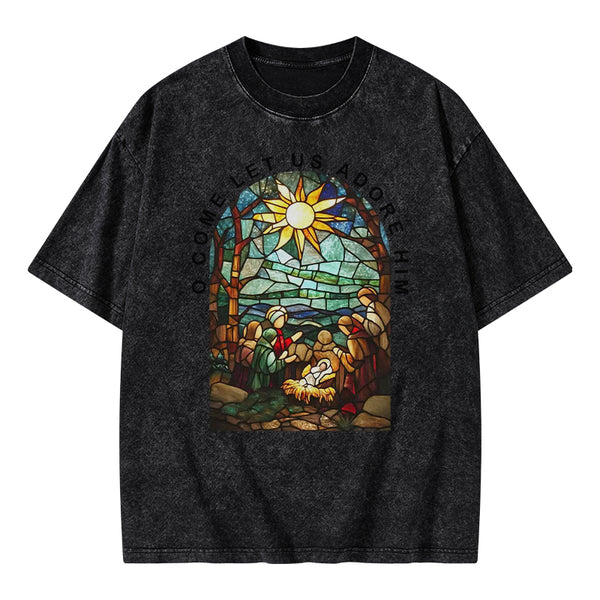 O Come Let Us Adore Him Christian Washed T-shirt