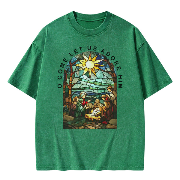 O Come Let Us Adore Him Christian Washed T-shirt