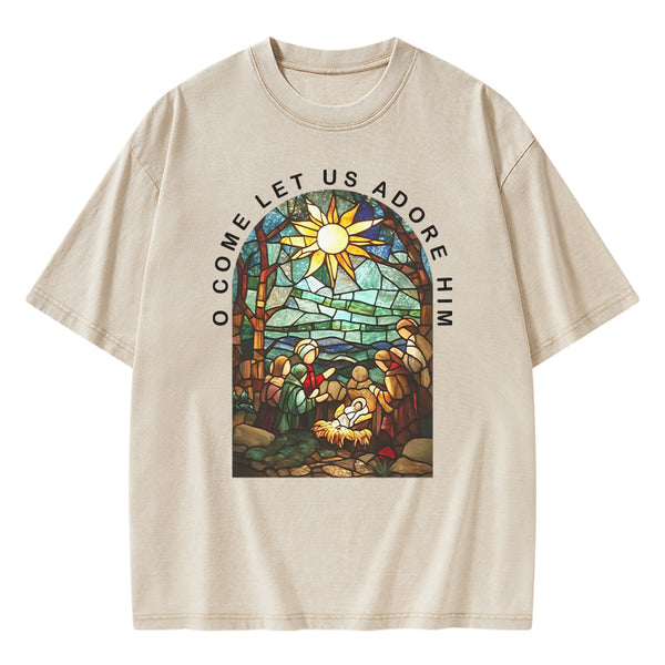 O Come Let Us Adore Him Christian Washed T-shirt