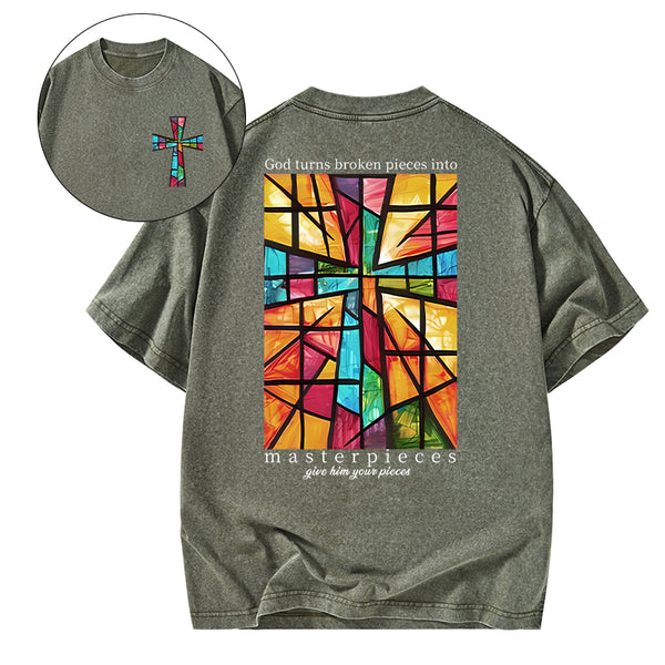 God Turns Broken Pieces Into Masterpieces Christian Washed T-Shirt