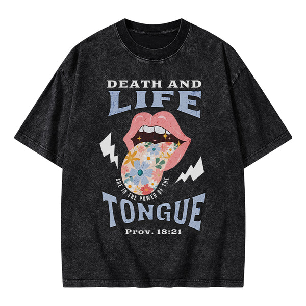 GC-WTS0027 Death And Life Tongue Christian Washed T-Shirt