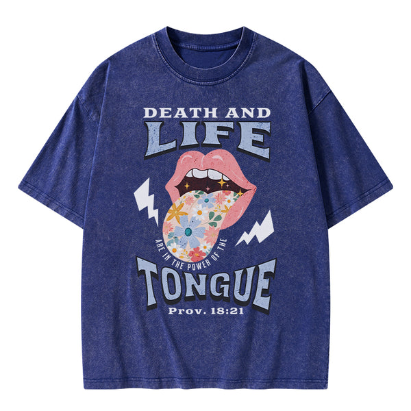 GC-WTS0027 Death And Life Tongue Christian Washed T-Shirt