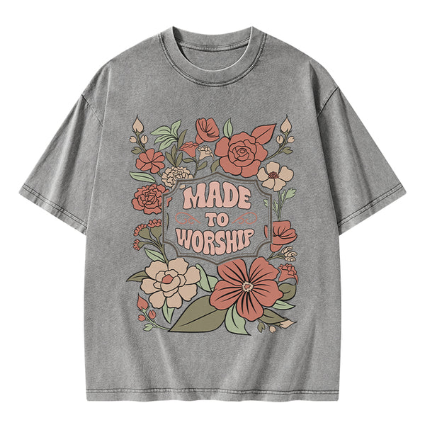 GC-WTS0138 Made To Worship Retro Floral Christian Washed T-Shirt