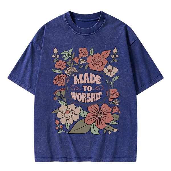 GC-WTS0138 Made To Worship Retro Floral Christian Washed T-Shirt