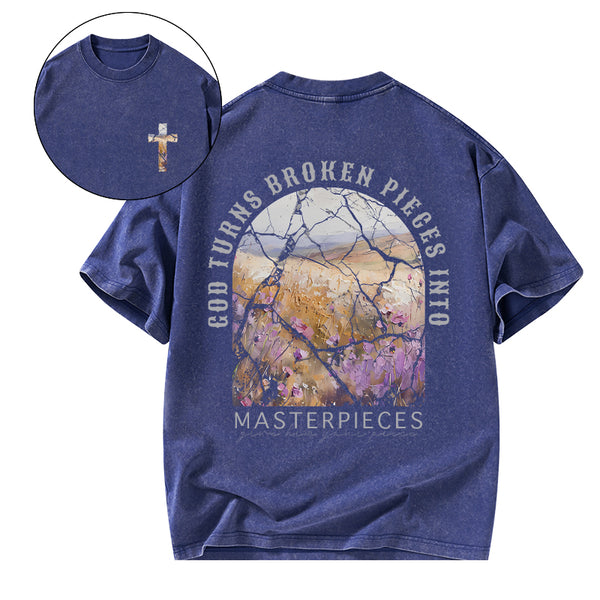 God Turns Broken Pieces Into Masterpieces Christian Washed T-Shirt