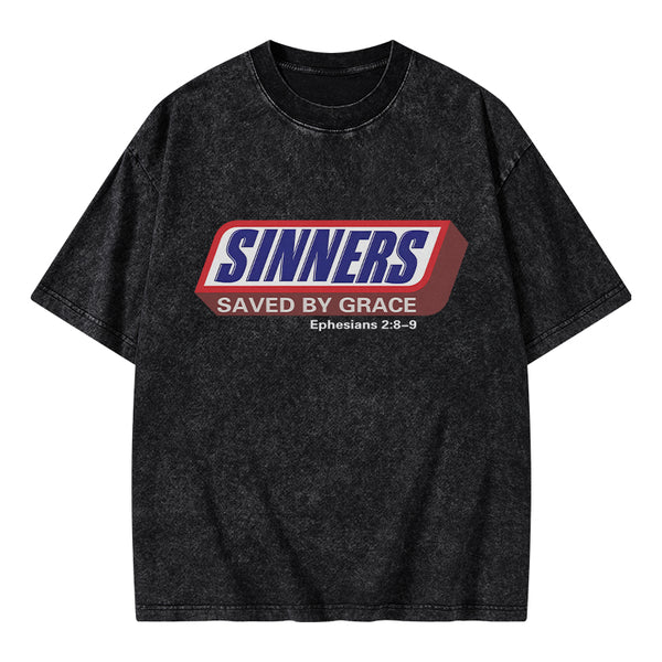 Sinners Saved By Grace Christian Washed T-Shirt