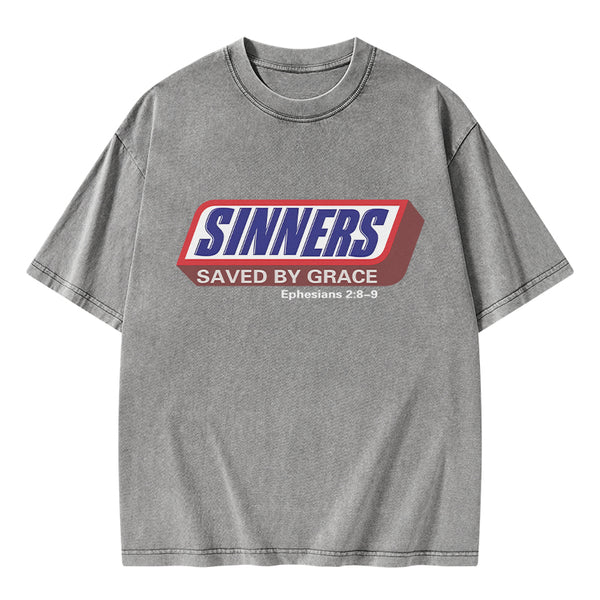 Sinners Saved By Grace Christian Washed T-Shirt