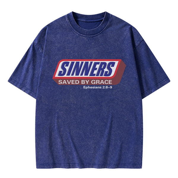 Sinners Saved By Grace Christian Washed T-Shirt