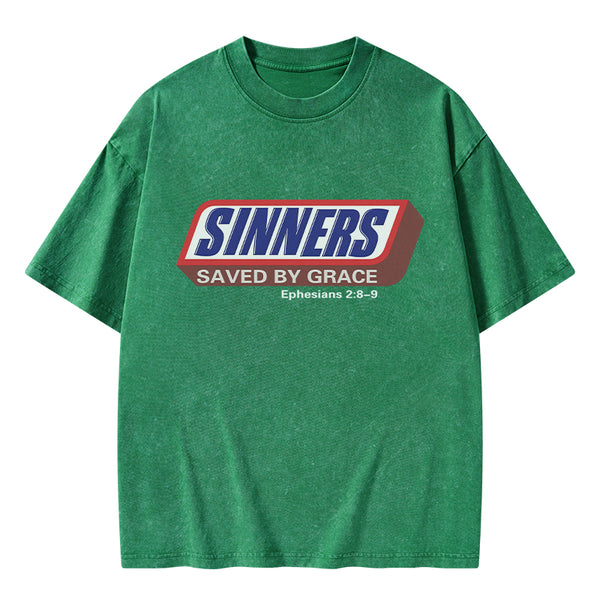 Sinners Saved By Grace Christian Washed T-Shirt
