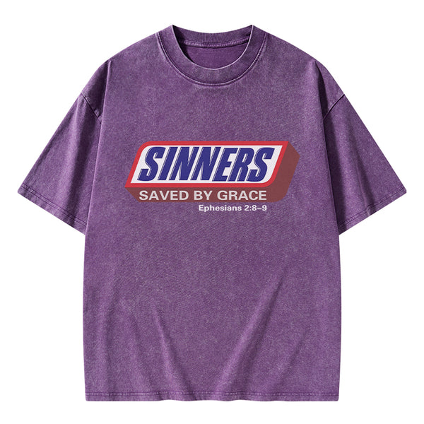 Sinners Saved By Grace Christian Washed T-Shirt