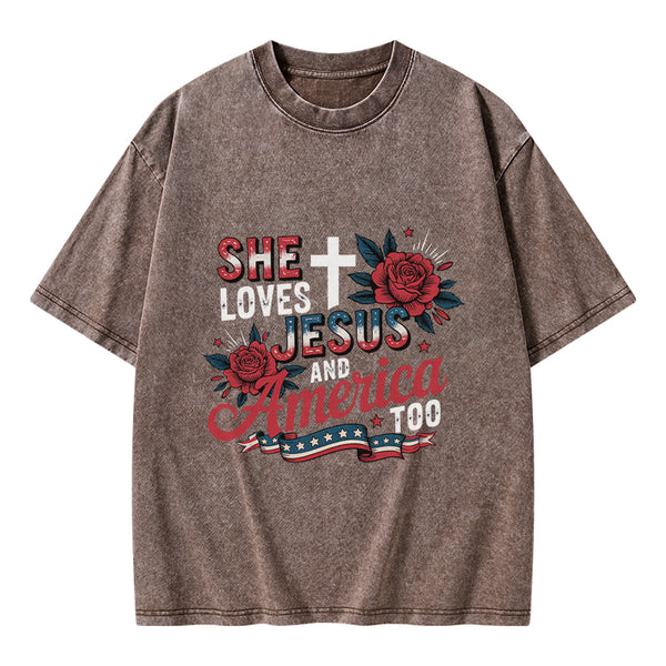 She Loves Jesus And America Christian Washed T-Shirt