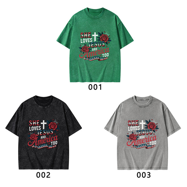 She Loves Jesus And America Christian Washed T-Shirt