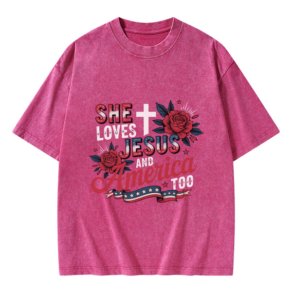 She Loves Jesus And America Christian Washed T-Shirt