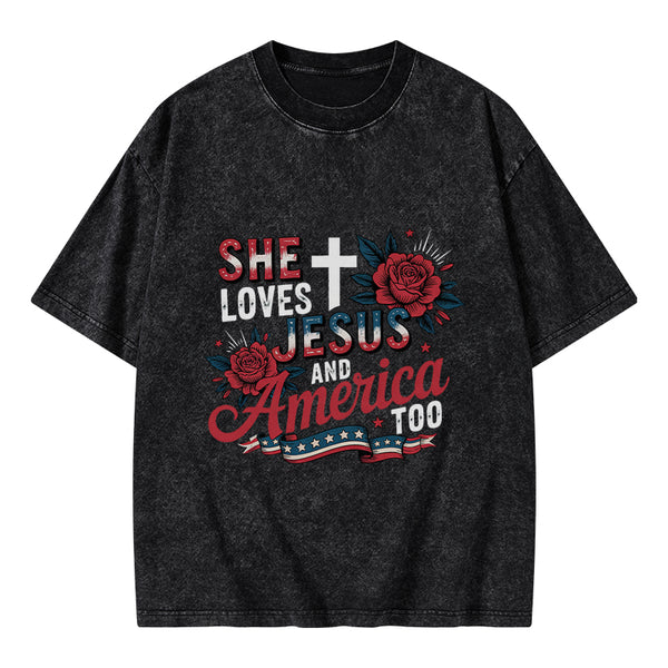 She Loves Jesus And America Christian Washed T-Shirt