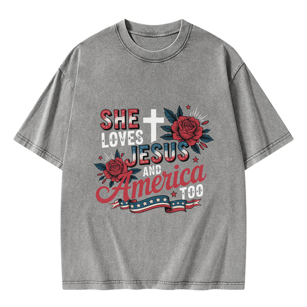 She Loves Jesus And America Christian Washed T-Shirt