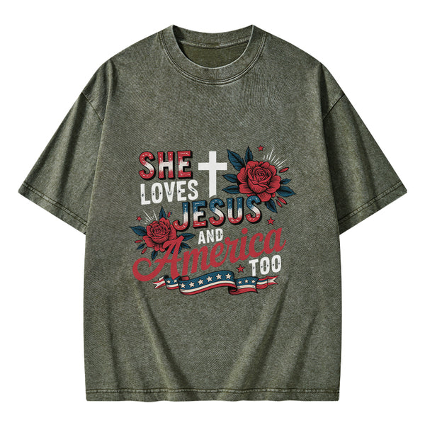 She Loves Jesus And America Christian Washed T-Shirt