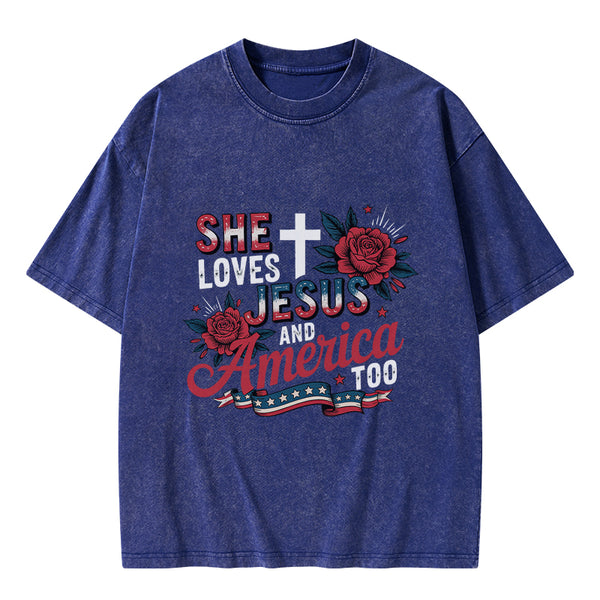 She Loves Jesus And America Christian Washed T-Shirt