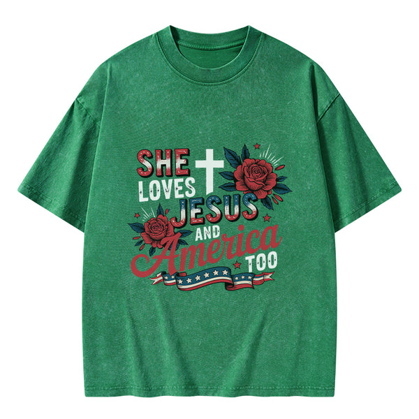 She Loves Jesus And America Christian Washed T-Shirt