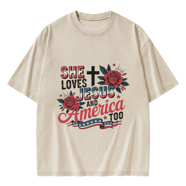 She Loves Jesus And America Christian Washed T-Shirt