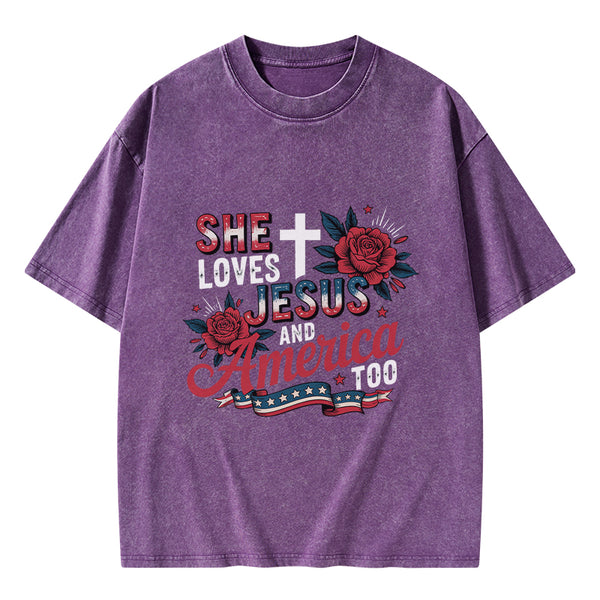 She Loves Jesus And America Christian Washed T-Shirt