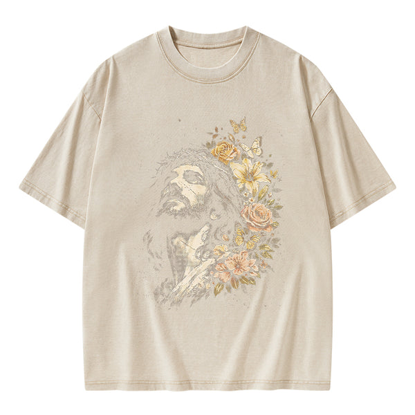 Jesus Flowers Christian Washed T-Shirt