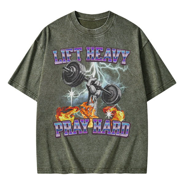 GC-WTSA0047 Lift Heavy Pray Hard Chirstian Washed T-Shirt