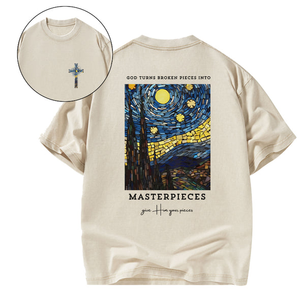 GC-WTSA0058 God Turns Broken Pieces Into Masterpieces Christian Washed T-Shirt