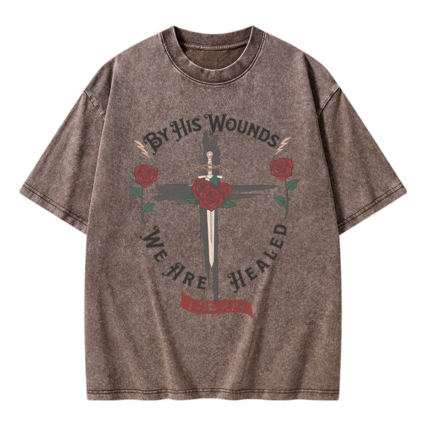 GC-WTSA0090 By His Wounds Chirstian Washed T-Shirt
