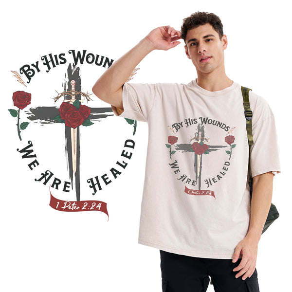 GC-WTSA0090 By His Wounds Chirstian Washed T-Shirt