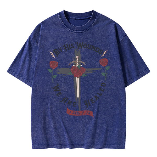 GC-WTSA0090 By His Wounds Chirstian Washed T-Shirt