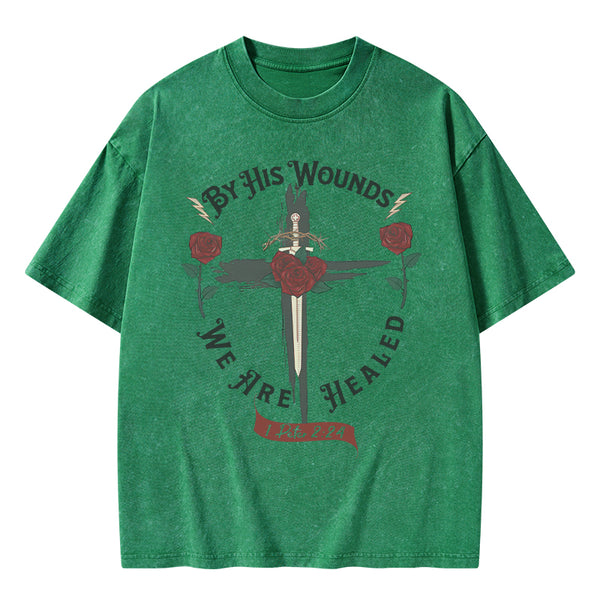 GC-WTSA0090 By His Wounds Chirstian Washed T-Shirt