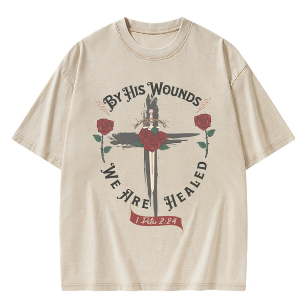 GC-WTSA0090 By His Wounds Chirstian Washed T-Shirt