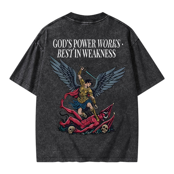 GC-WTSA1452 God's Power Works Beat In Weakness Christian Washed T-Shirt