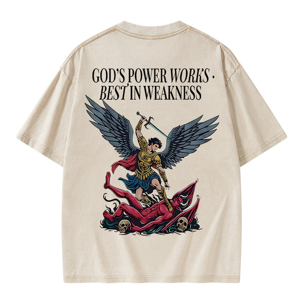 GC-WTSA1452 God's Power Works Beat In Weakness Christian Washed T-Shirt