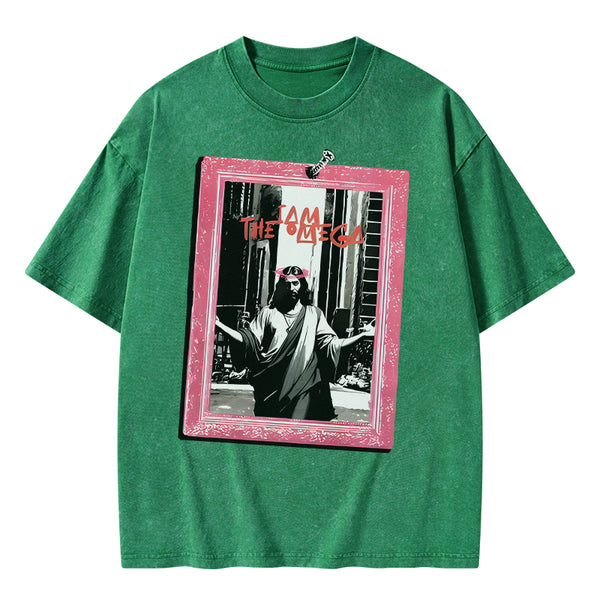 GC-WTSA1551 I Am The Omege Christian Washed T-Shirt