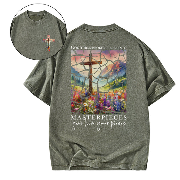 God Turns Broken Pieces into Masterpieces Christian Washed T-Shirt
