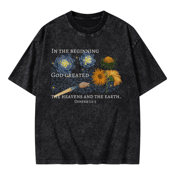 GC-WTSA1672 In The Beginning God Created Christian Washed T-Shirt