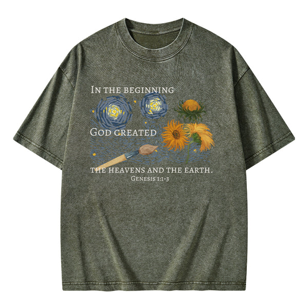 GC-WTSA1672 In The Beginning God Created Christian Washed T-Shirt