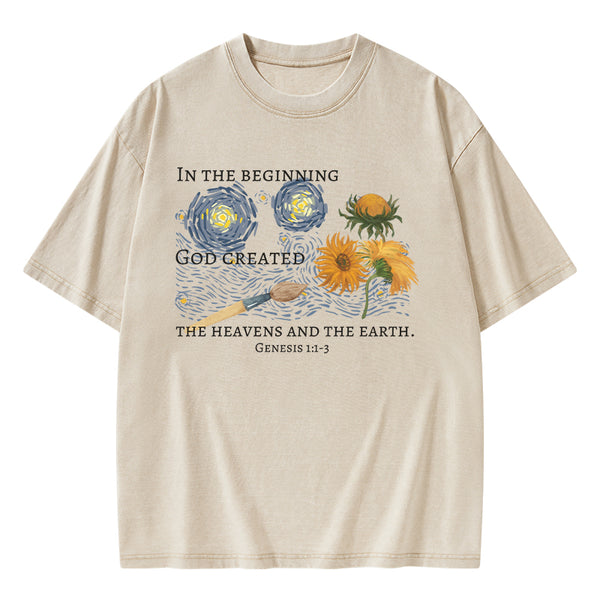 GC-WTSA1672 In The Beginning God Created Christian Washed T-Shirt
