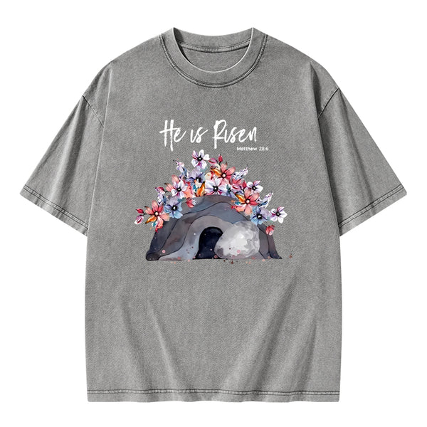 He Is Risen Flower Christian Washed T-Shirt