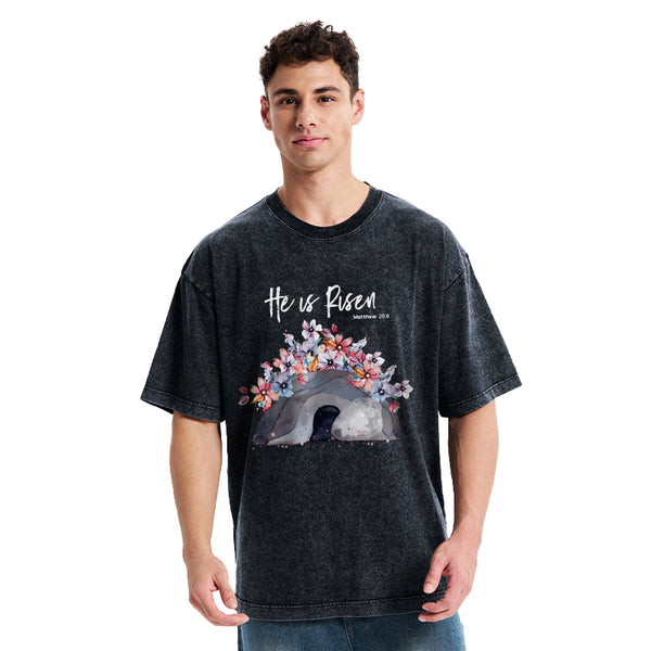 He Is Risen Flower Christian Washed T-Shirt