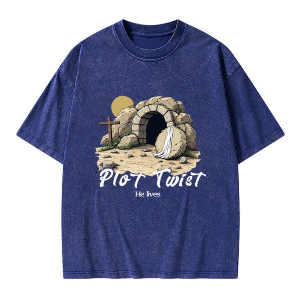 Plot Twist He lives Retro Christian Washed T-Shirt