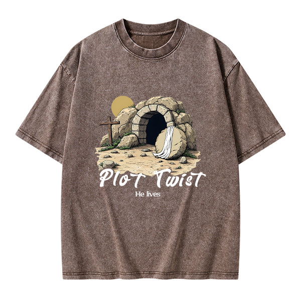 Plot Twist He lives Retro Christian Washed T-Shirt