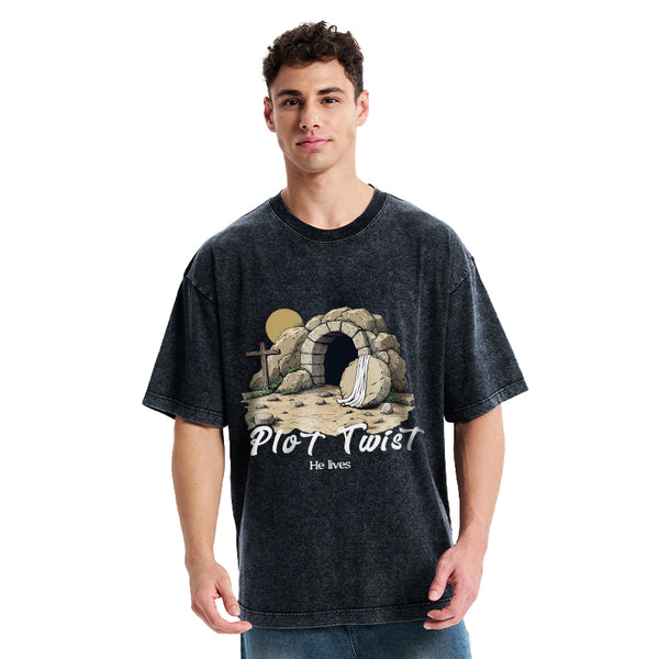 Plot Twist He lives Retro Christian Washed T-Shirt