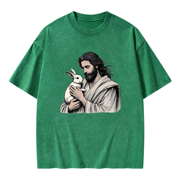 Jesus And Rabbit Easter Christian Washed T-Shirt