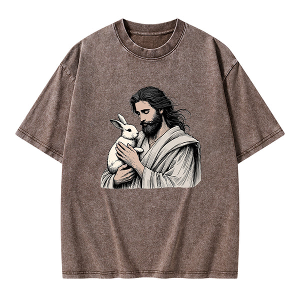 Jesus And Rabbit Easter Christian Washed T-Shirt